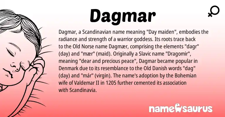 Infographic about Dagmar name meaning, Dagmar is a name from Scandinavian, Old Danish, Old Norse, Slavic origin(s).
