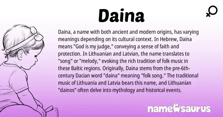 Infographic about Daina name meaning, Daina is a name from Lithuanian, Baltic, Latvian, Hebrew origin(s).