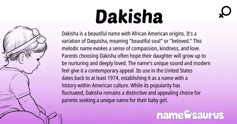 Infographic about Dakisha name meaning, Dakisha is a name from African, American origin(s).