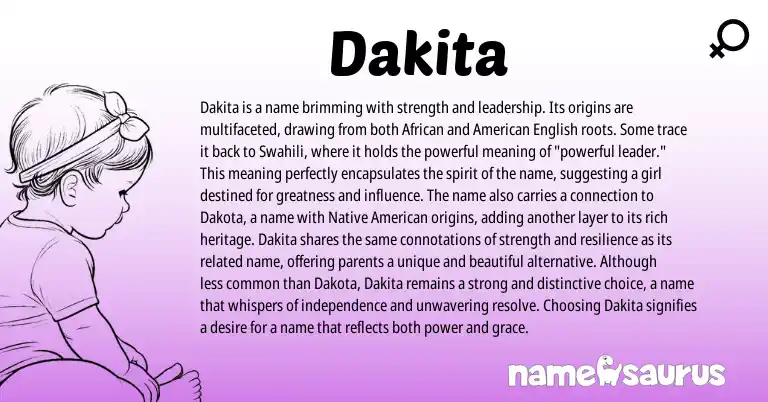 Infographic about Dakita name meaning, Dakita is a name from African, Swahili origin(s).