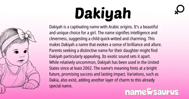 Infographic about Dakiyah name meaning, Dakiyah is a name from Arabic origin(s).