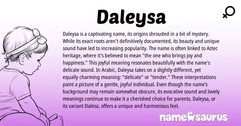 Infographic about Daleysa name meaning, Daleysa is a name from Aztec, Arabic origin(s).