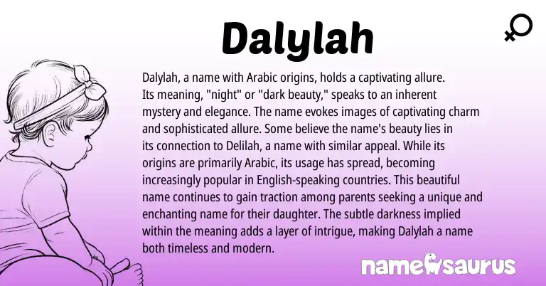 Infographic about Dalylah name meaning, Dalylah is a name from Arabic origin(s).