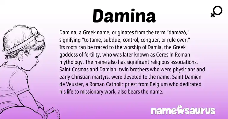 Infographic about Damina name meaning, Damina is a name from Roman, Greek origin(s).