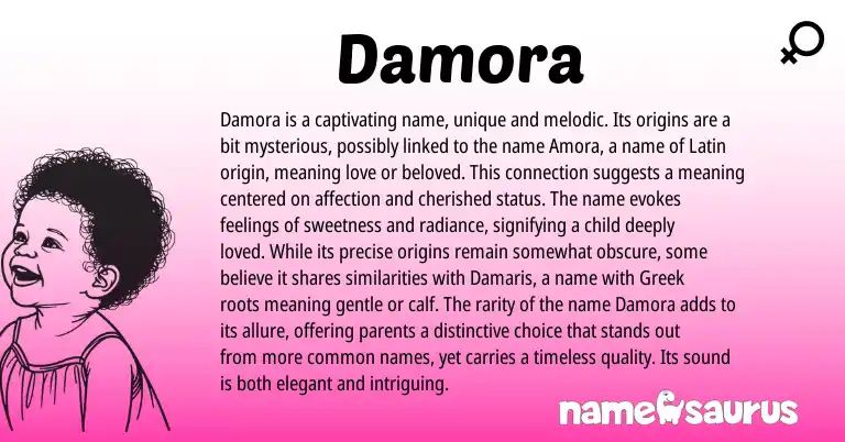Infographic about Damora name meaning, Damora is a name from Latin origin(s).