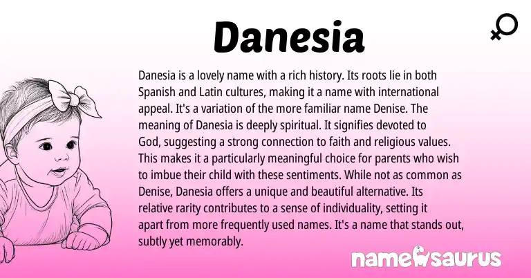 Infographic about Danesia name meaning, Danesia is a name from Latin, Spanish origin(s).