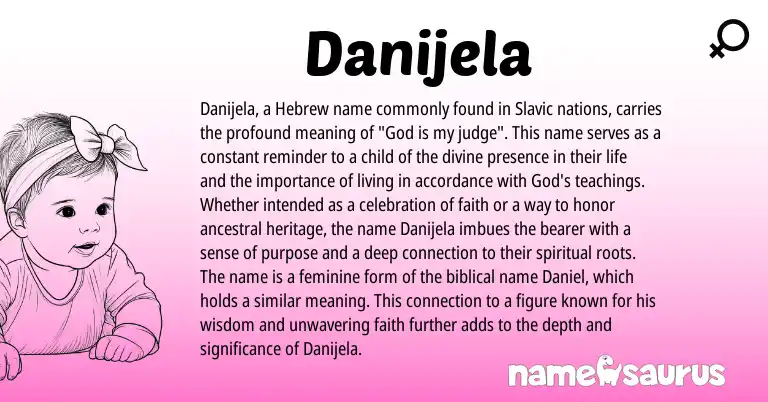 Infographic about Danijela name meaning, Danijela is a name from Slavic, Hebrew origin(s).