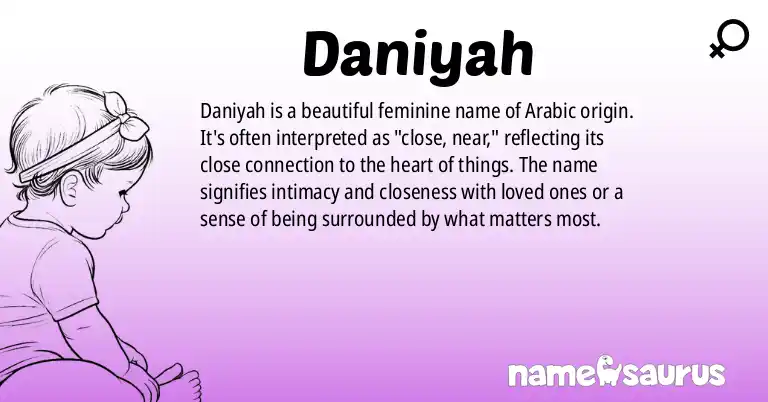 Infographic about Daniyah name meaning, Daniyah is a name from Arabic origin(s).