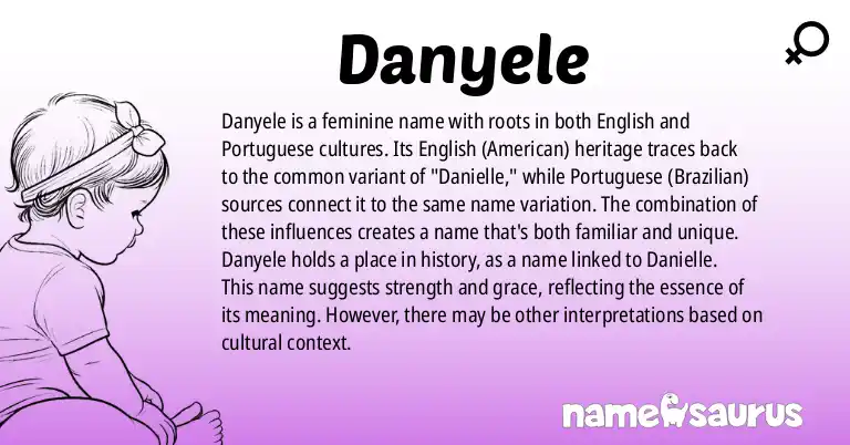 Infographic about Danyele name meaning, Danyele is a name from English (American), Portuguese (Brazilian) origin(s).