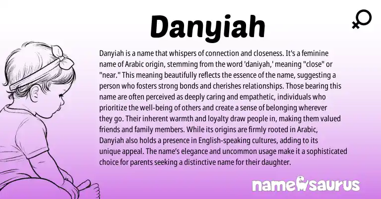 Infographic about Danyiah name meaning, Danyiah is a name from Arabic origin(s).