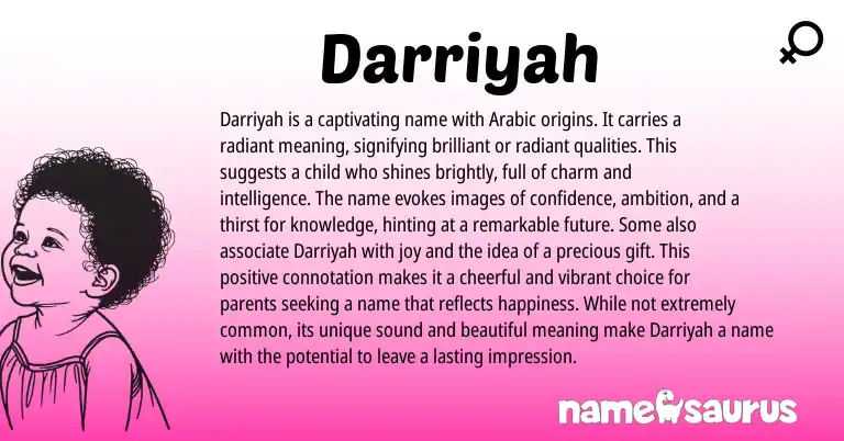 Infographic about Darriyah name meaning, Darriyah is a name from Arabic origin(s).