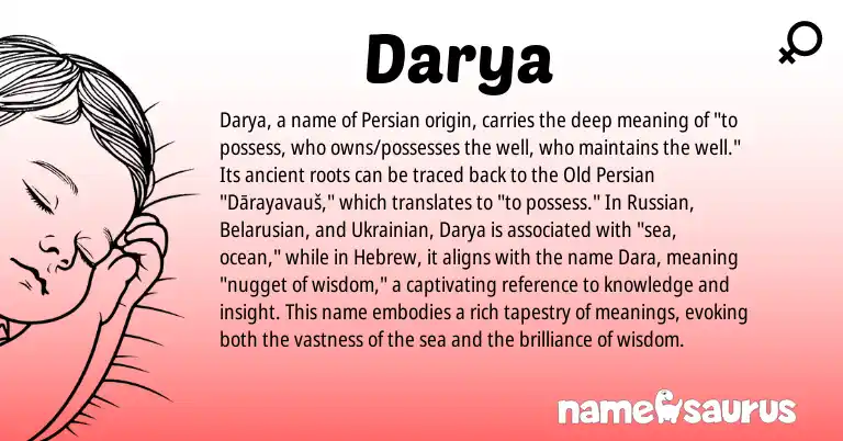 Infographic about Darya name meaning, Darya is a name from Ukrainian, Old Persian, Russian, Persian, Hebrew, Belarusian origin(s).