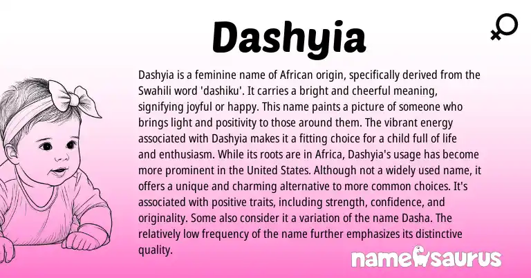 Infographic about Dashyia name meaning, Dashyia is a name from African, Swahili origin(s).