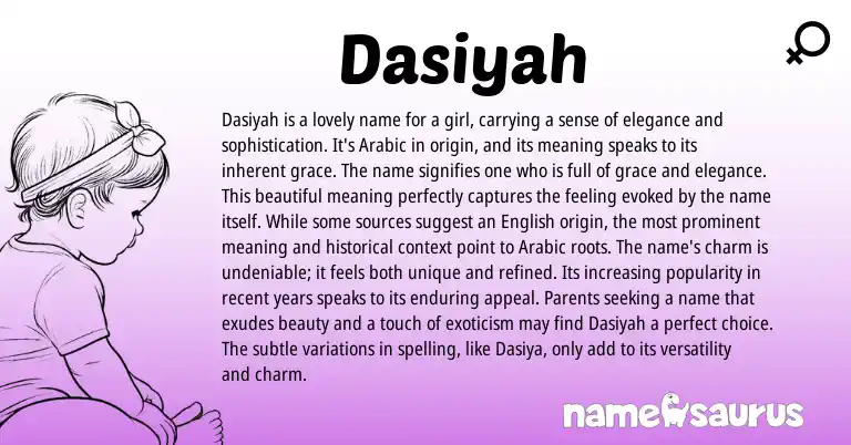 Infographic about Dasiyah name meaning, Dasiyah is a name from Arabic origin(s).