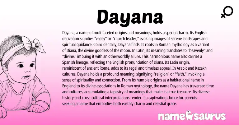 Infographic about Dayana name meaning, Dayana is a name from Spanish, English, Kazakh, England, Arabic, Roman, Latin origin(s).