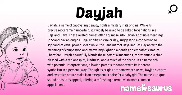 Infographic about Dayjah name meaning, Dayjah is a name from Scandinavian, Sanskrit origin(s).