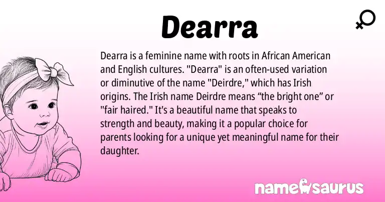 Infographic about Dearra name meaning, Dearra is a name from African American, English origin(s).