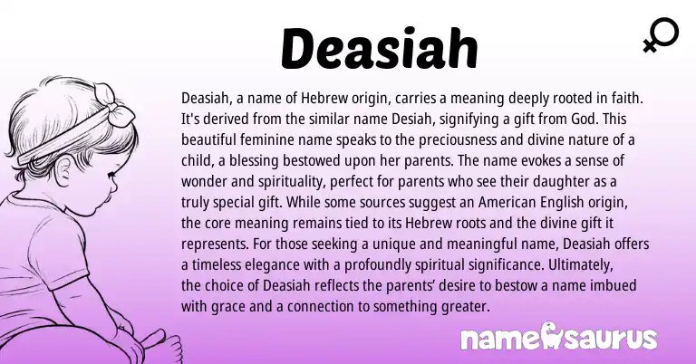 Infographic about Deasiah name meaning, Deasiah is a name from Hebrew, American origin(s).