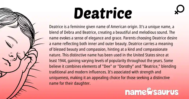 Infographic about Deatrice name meaning, Deatrice is a name from American origin(s).