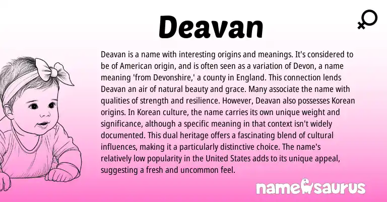 Infographic about Deavan name meaning, Deavan is a name from American origin(s).