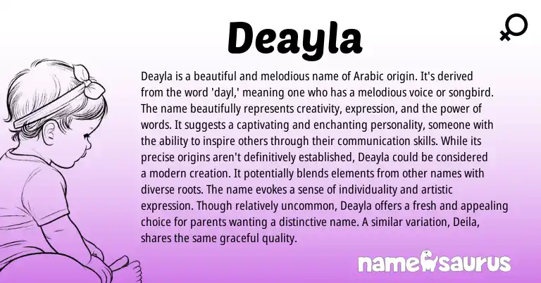Infographic about Deayla name meaning, Deayla is a name from Arabic origin(s).