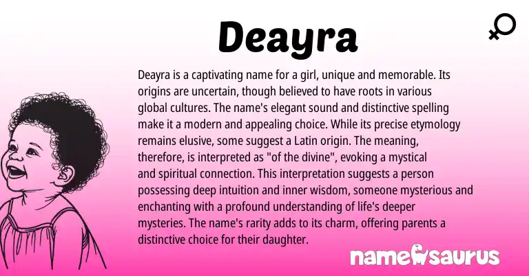 Infographic about Deayra name meaning, Deayra is a name from Latin origin(s).