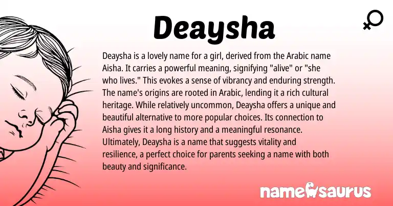 Infographic about Deaysha name meaning, Deaysha is a name from Arabic origin(s).