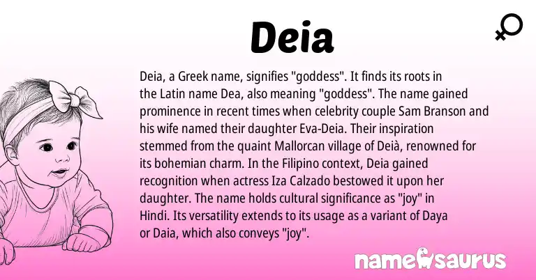 Infographic about Deia name meaning, Deia is a name from Hindi, Filipino, Latin, Greek origin(s).