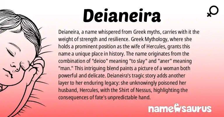 Infographic about Deianeira name meaning, Deianeira is a name from Greek Mythology origin(s).