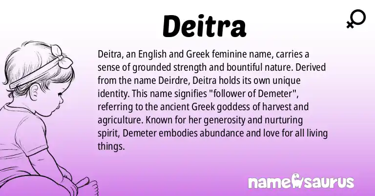 Infographic about Deitra name meaning, Deitra is a name from English, Greek origin(s).