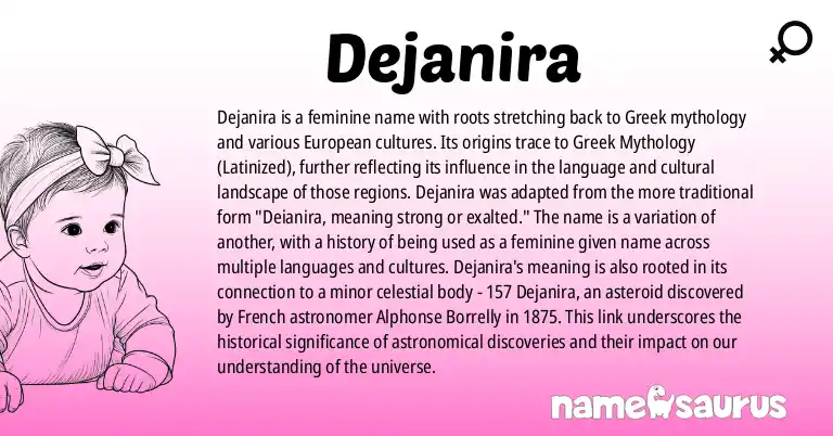 Infographic about Dejanira name meaning, Dejanira is a name from Greek Mythology (Latinized), Polish, Portuguese origin(s).