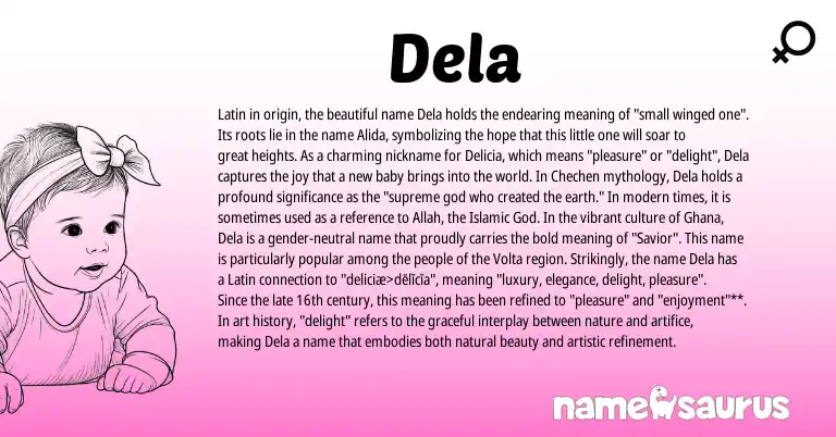 Infographic about Dela name meaning, Dela is a name from Ghana, Latin, Chechen origin(s).