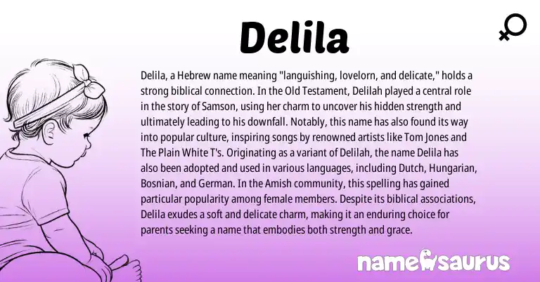 Infographic about Delila name meaning, Delila is a name from Bosnian, Hungarian, German, Dutch, Hebrew origin(s).