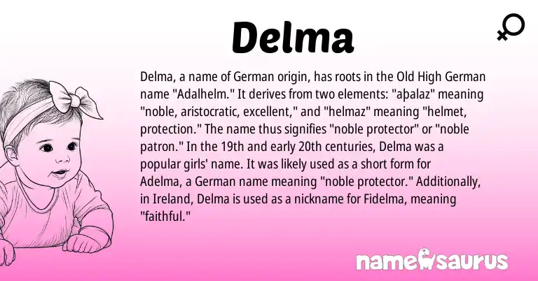 Infographic about Delma name meaning, Delma is a name from Old High German, German, Ireland origin(s).