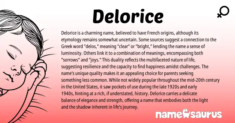 Infographic about Delorice name meaning, Delorice is a name from Latin, French origin(s).