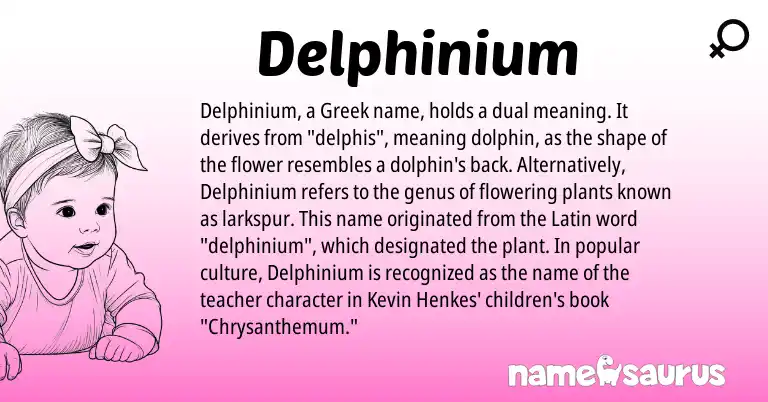 Infographic about Delphinium name meaning, Delphinium is a name from Latin, Greek origin(s).