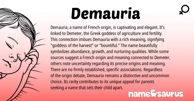 Infographic about Demauria name meaning, Demauria is a name from Greek, French origin(s).
