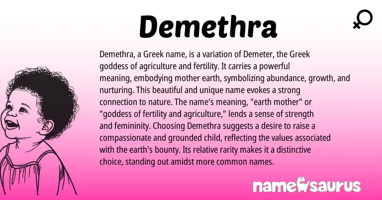 Infographic about Demethra name meaning, Demethra is a name from English, Greek origin(s).
