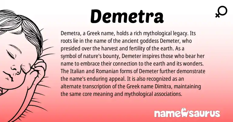 Infographic about Demetra name meaning, Demetra is a name from Romanian, Italian, Greek origin(s).