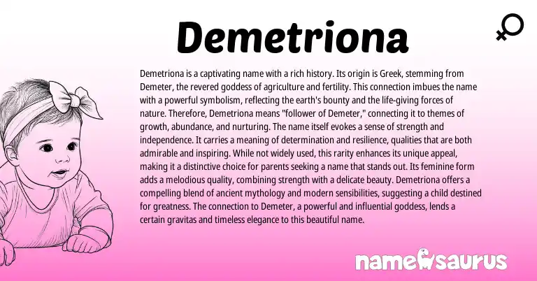Infographic about Demetriona name meaning, Demetriona is a name from Greek origin(s).