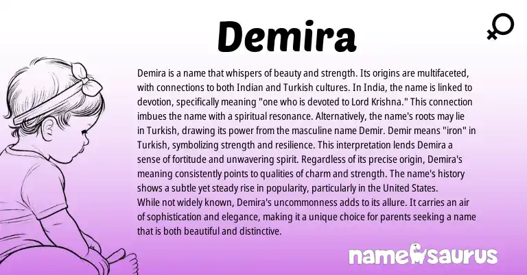 Infographic about Demira name meaning, Demira is a name from Indian, Sanskrit origin(s).