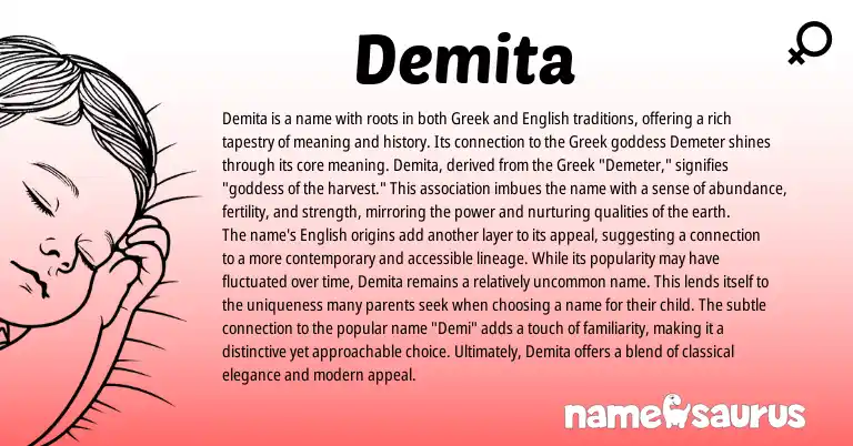 Infographic about Demita name meaning, Demita is a name from Greek origin(s).