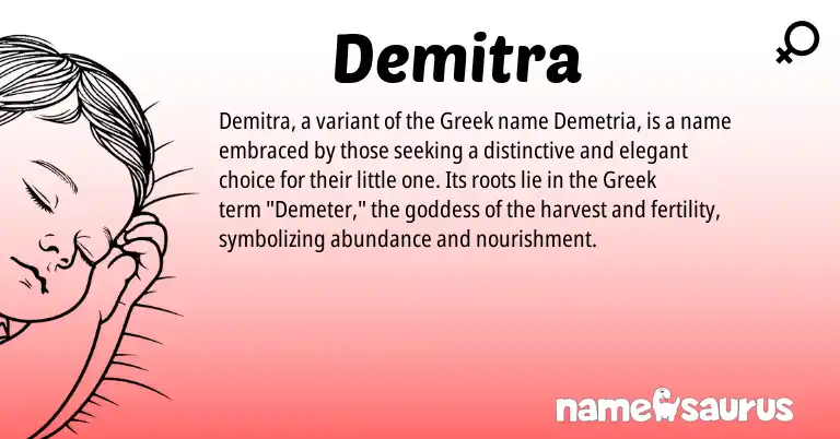 Infographic about Demitra name meaning, Demitra is a name from Greek origin(s).