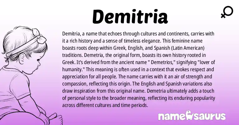 Infographic about Demitria name meaning, Demitria is a name from Greek, English, Spanish (Latin American) origin(s).