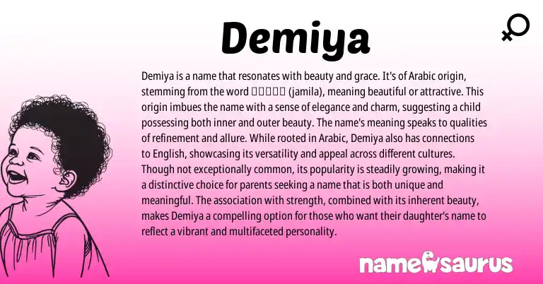 Infographic about Demiya name meaning, Demiya is a name from Arabic origin(s).