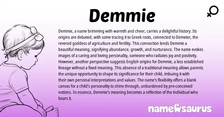 Infographic about Demmie name meaning, Demmie is a name from Greek origin(s).