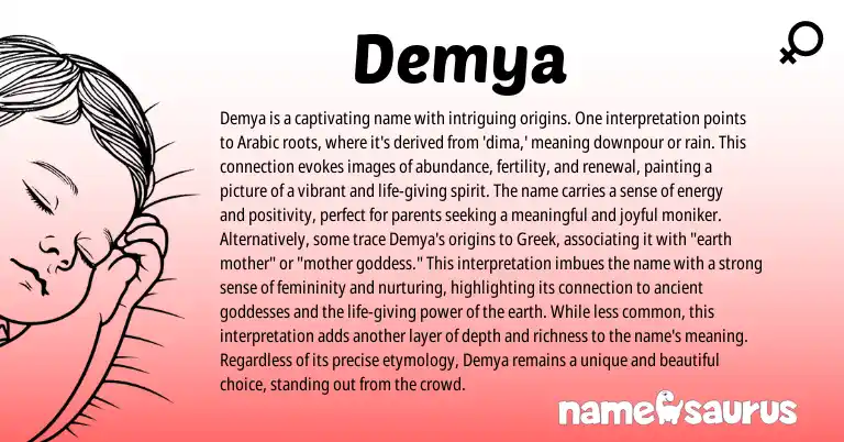 Infographic about Demya name meaning, Demya is a name from Arabic origin(s).