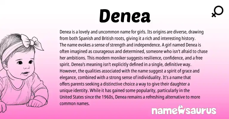 Infographic about Denea name meaning, Denea is a name from British, Spanish origin(s).