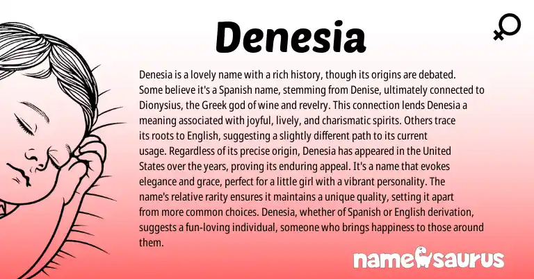 Infographic about Denesia name meaning, Denesia is a name from Greek, Spanish, American origin(s).