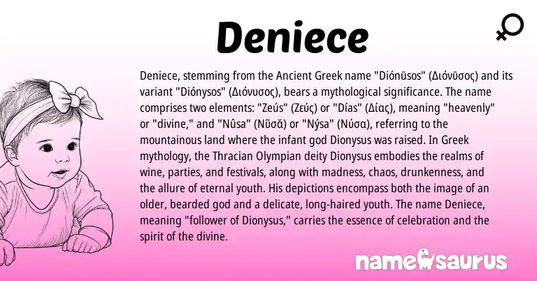 Infographic about Deniece name meaning, Deniece is a name from Ancient Greek, Greek origin(s).